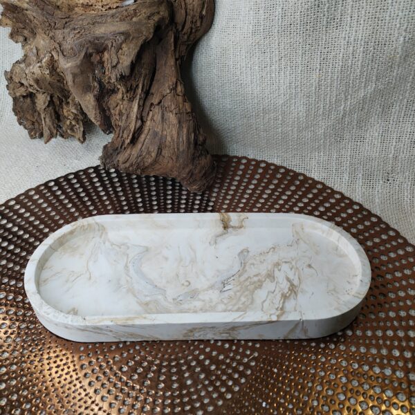 Plateau Ovale en Jesmonite Marbré Beige, Gris – Image 2